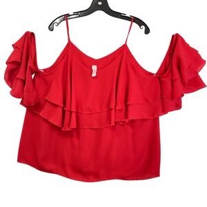 Time & Tru Womens Red Cold Shoulder Ruffle Tiered Spaghetti Strap Blouse Top LG